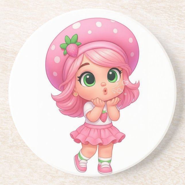 Kawaii Strawberry Girl Chibi Coaster (Front)