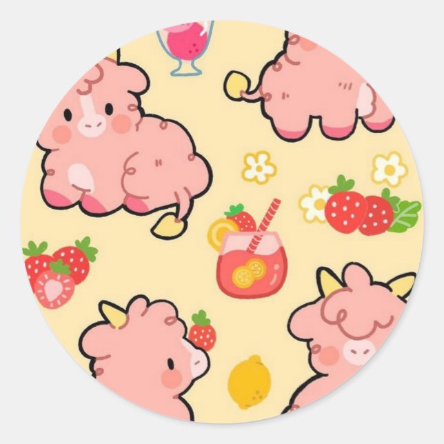 Kawaii strawberry lemonade cow classic round sticker (Front)