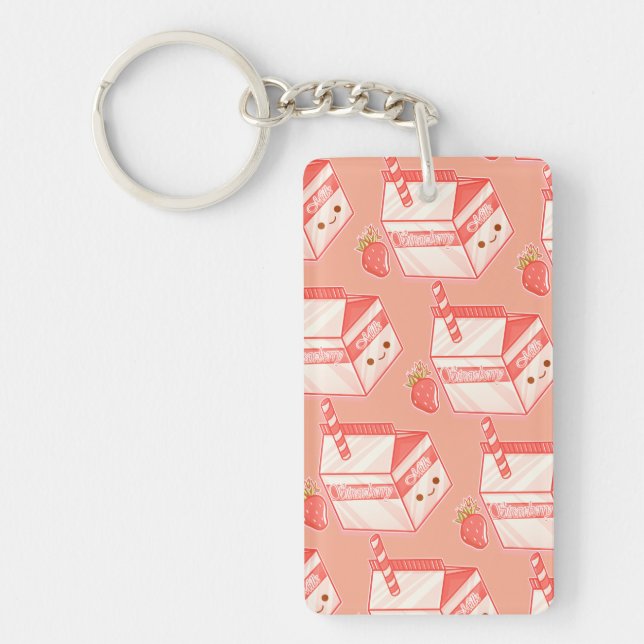 Kawaii Strawberry Milk Carton - Cute Aesthetic Art Key Ring (Front)