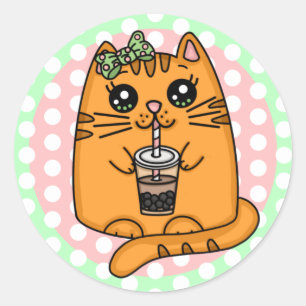 Kawaii Style Kitty Cat with Bubble Tea Classic Round Sticker