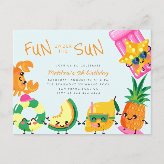 Kawaii Summer Fun Under The Sun Kids Birthday Invitation Postcard (Front)