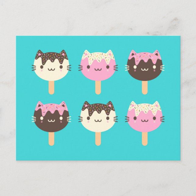 Kawaii Summer Ice Lolly Popsicle Cats Postcard (Front)