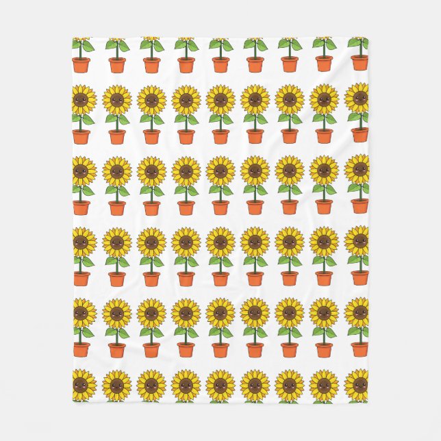 Kawaii Sunflower Plant in a Pot Fleece Blanket (Front)