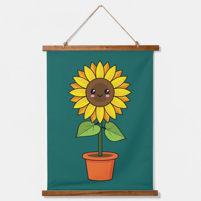 Kawaii Sunflower Plant in a Pot Hanging Tapestry (Front)