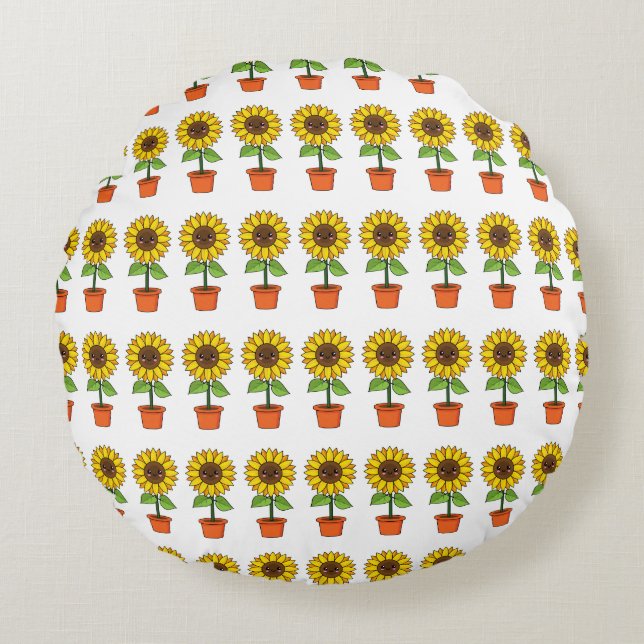 Kawaii Sunflower Plant in a Pot Round Cushion (Front)