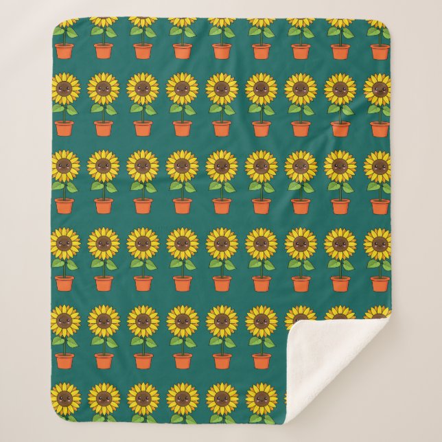 Kawaii Sunflower Plant in a Pot Sherpa Blanket (Front)