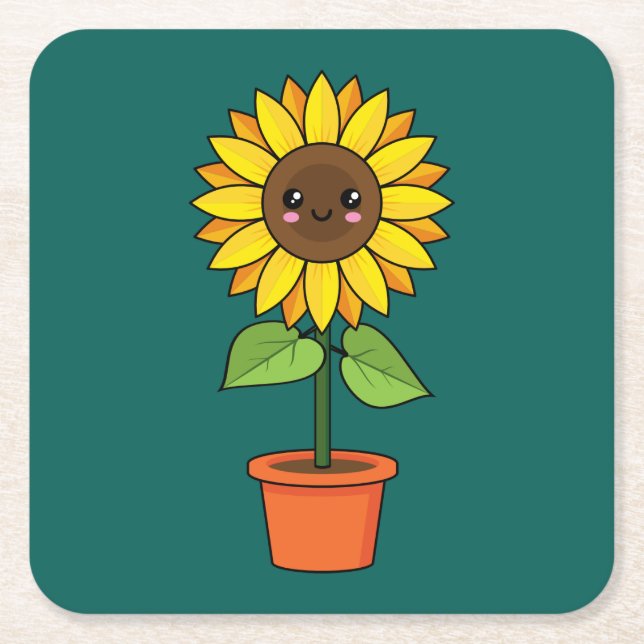 Kawaii Sunflower Plant in a Pot Square Paper Coaster (Front)
