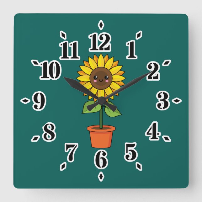 Kawaii Sunflower Plant in a Pot Square Wall Clock (Front)