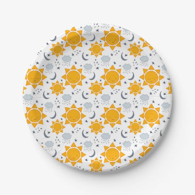 Kawaii Suns, Moons and Clouds Paper Plate (Front)