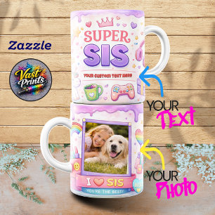 Kawaii "Super Sis" Gaming & Unicorn Custom Photo Coffee Mug