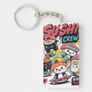 Kawaii Sushi Crew Skateboard Acrylic Keychain