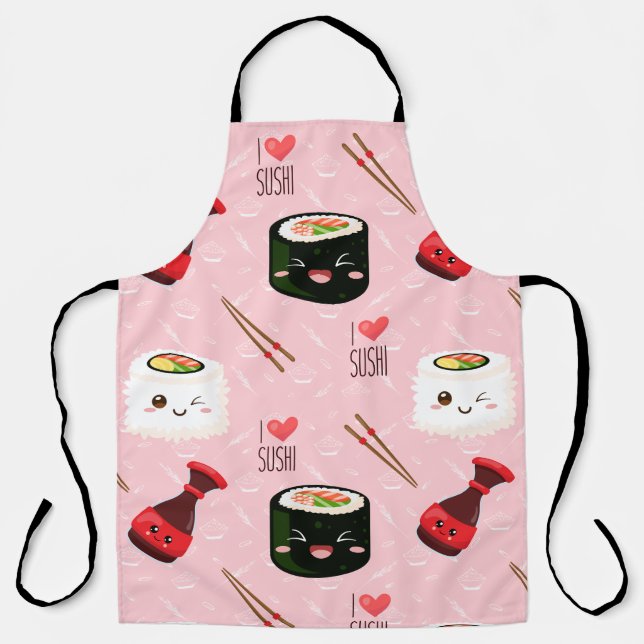 Kawaii Sushi Pattern Light Pink Apron (Front)