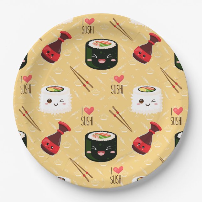 Kawaii Sushi Pattern Light Yellow  Paper Plate (Front)