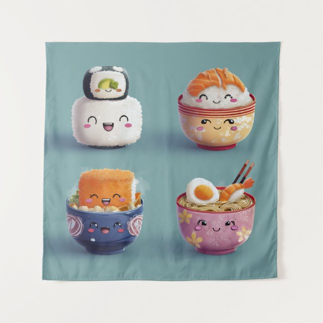 Kawaii Sushi & Ramen Crew Tapestry (Front)