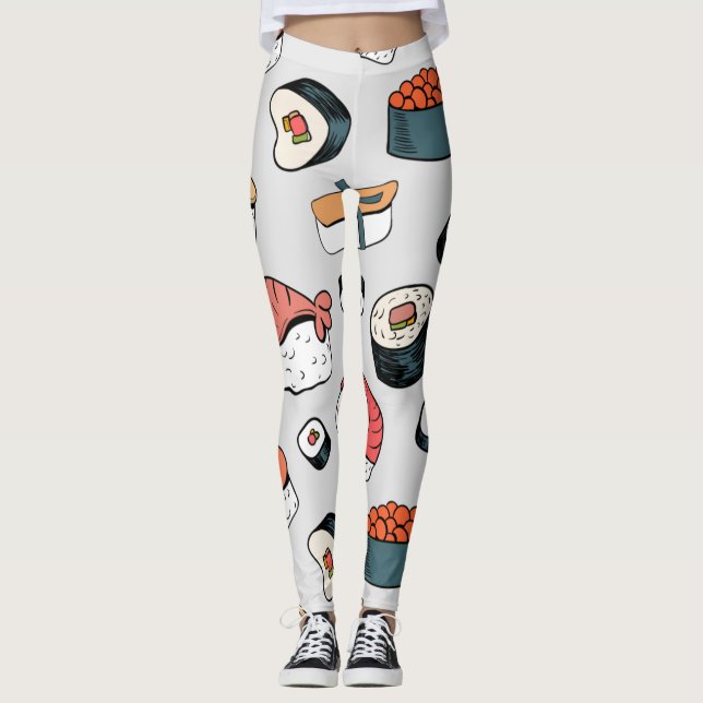  Kawaii Sushi Rolls Pattern Slip-On Sneakers Leggi Leggings (Front)