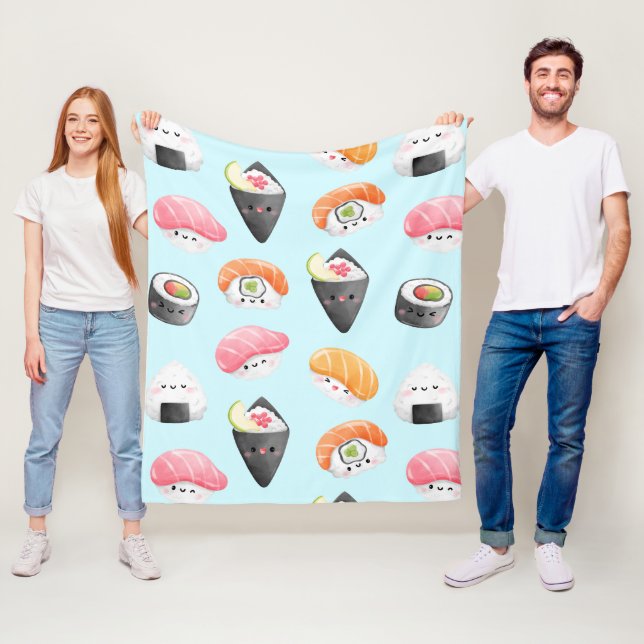 kawaii sushi rolls, sushi pattern fleece blanket (In Situ)