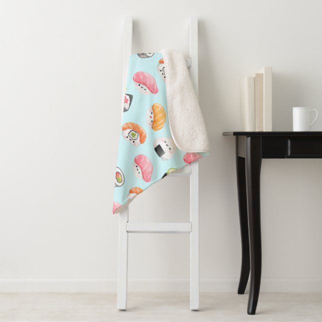 kawaii sushi rolls, sushi pattern sherpa blanket (In Situ)