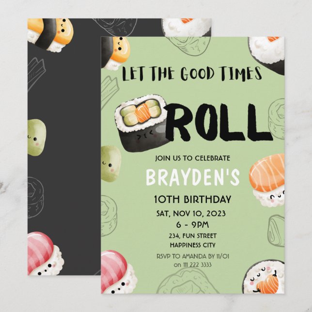 Kawaii Sushi Sashimi Kids Boy Girl Adult Birthday Invitation (Front/Back)