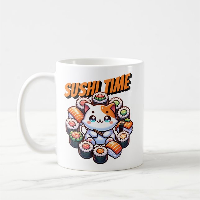 Kawaii Sushi Time Cat Coffee Mug (Left)