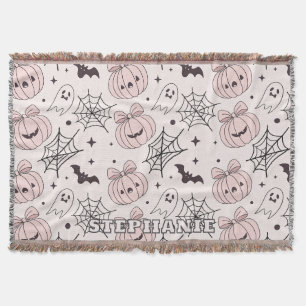 Kawaii Sweet Pink Spooky Halloween Pattern Throw Blanket