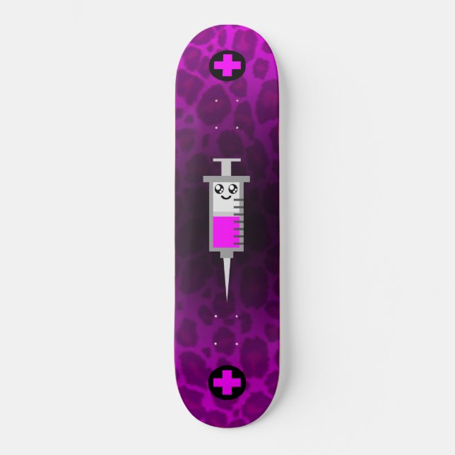 KAWAII SYRINGE MEDICAL CROSS PINK LEOPARD DECK SKATEBOARD (Front)