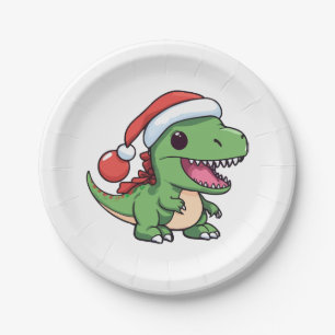 Kawaii T-Rex Dinosaur in Christmas Hat Paper Plate