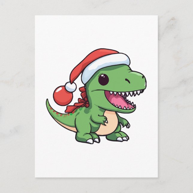 Kawaii T-Rex Dinosaur in Christmas Hat Postcard (Front)