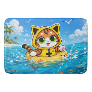 Kawaii Tabby Cat in Yellow Life Jacket & Swim Ring Bath Mat