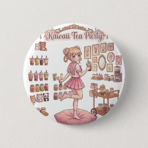 Kawaii Tea Party Anime Girl Pink Birthday Button
