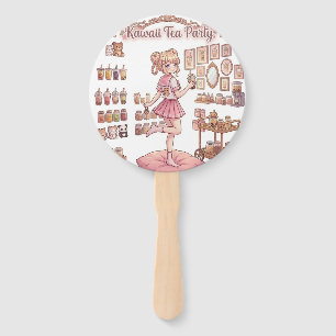 Kawaii Tea Party Pink Anime Girl Birthday Button Hand Fan