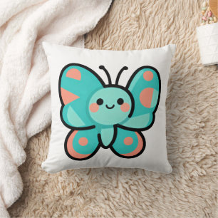 Kawaii Teal Butterfly Happy Face Cartoon Art Cushion