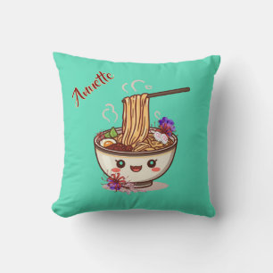 Kawaii Teal Cute Ramen Bowl with Japanese Flowers Cushion