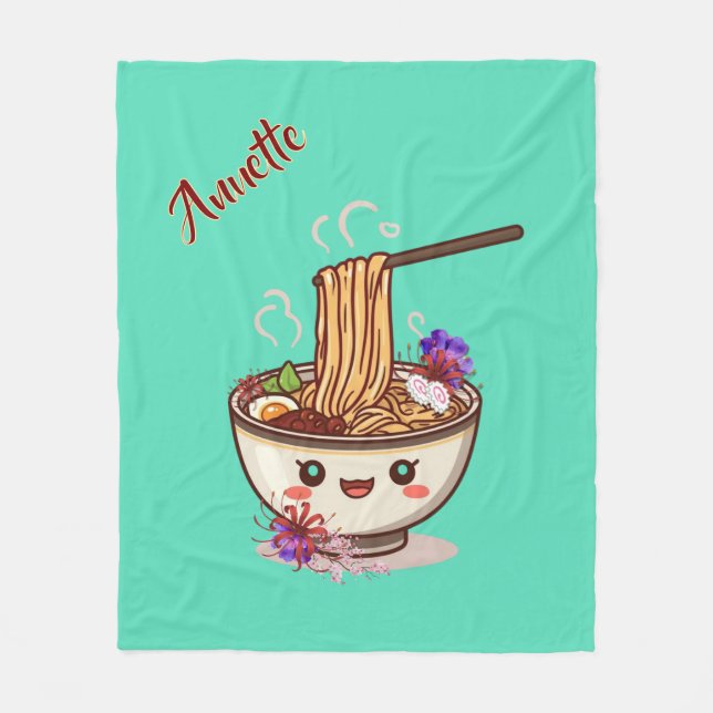 Kawaii Teal Ramen Food Bowl with Japanese Flowers  Fleece Blanket (Front)