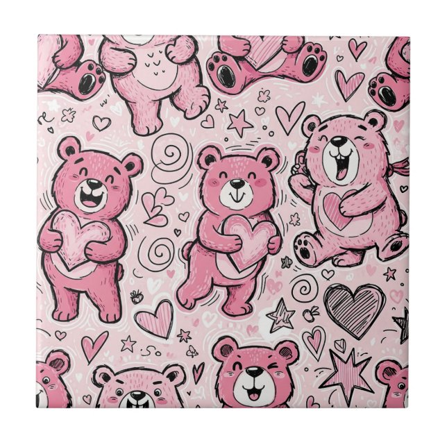Kawaii Teddy Bear Pink Pattern Ceramic Tile (Front)