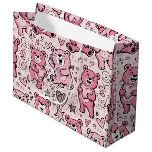 Kawaii Teddy Bear Pink Pattern Large Gift Bag