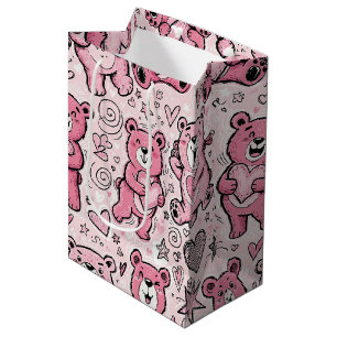 Kawaii Teddy Bear Pink Pattern Medium Gift Bag