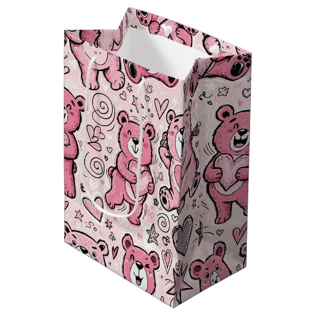 Kawaii Teddy Bear Pink Pattern Medium Gift Bag (Front Angled)