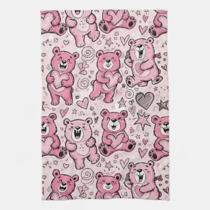 Kawaii Teddy Bear Pink Pattern Tea Towel