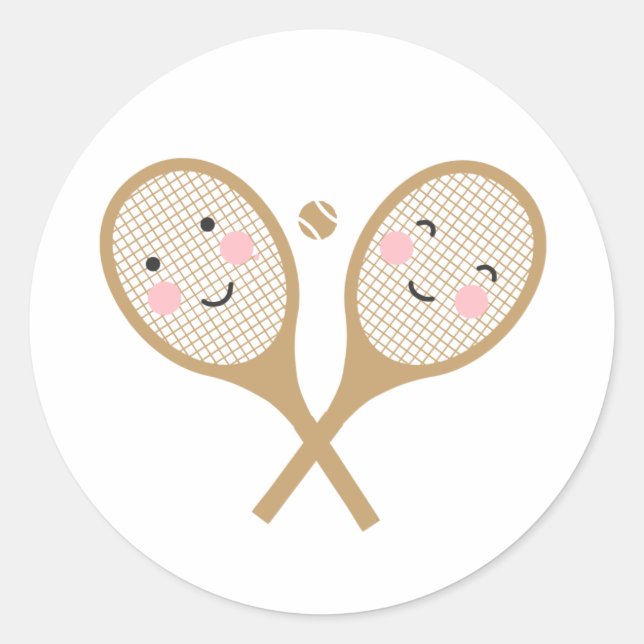Kawaii Tennis Rackets Happy Face Cute Brown  Classic Round Sticker (Front)