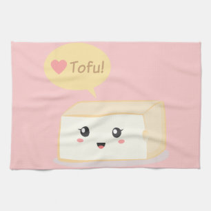 Kawaii tofu asking people to love tofu tea towel
