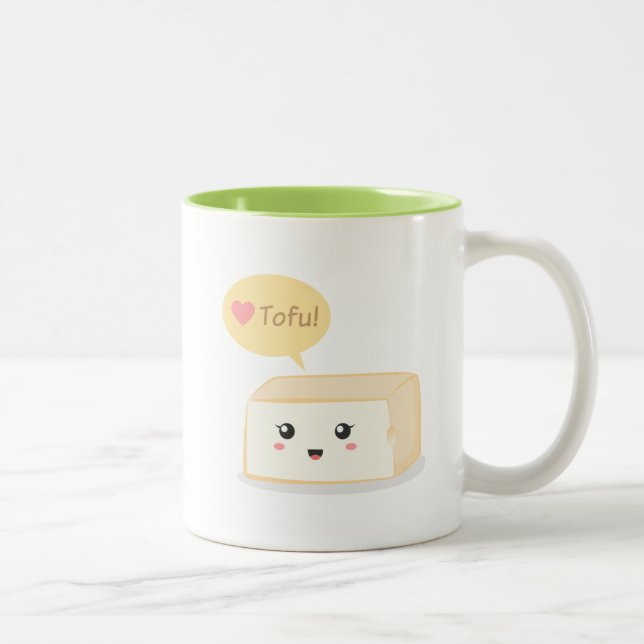 Kawaii tofu asking people to love tofu Two-Tone coffee mug (Right)
