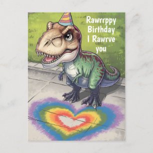 Kawaii trex rainbow hear on sidewalk postcard