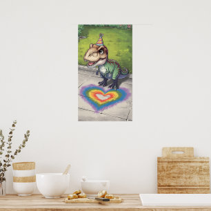 Kawaii trex rainbow hear on sidewalk poster