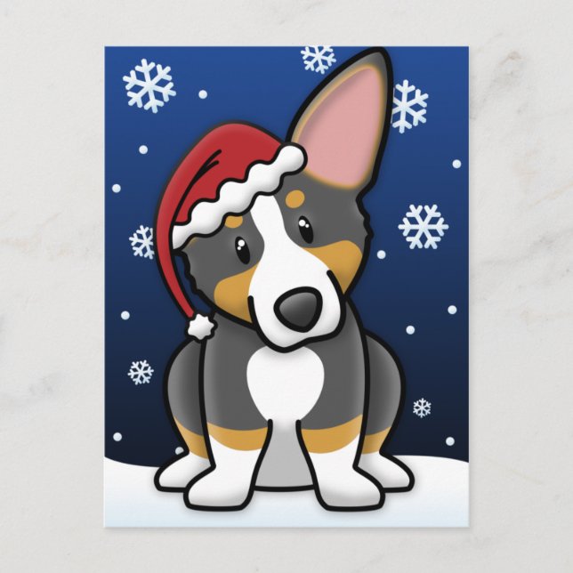Kawaii Tri Pembroke Welsh Corgi Christmas Postcard (Front)