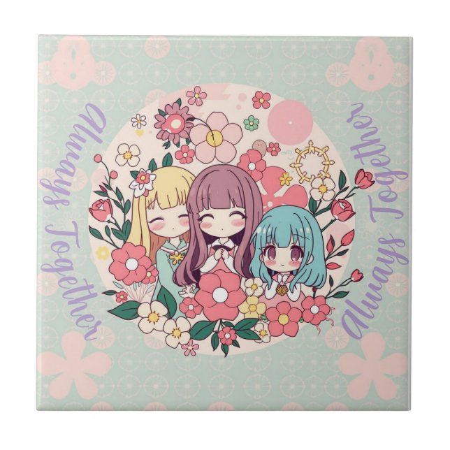 Kawaii Trio – Cute Anime Girls & Floral Vibes Ceramic Tile (Front)
