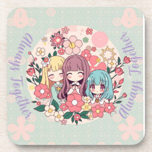 Kawaii Trio – Cute Anime Girls & Floral Vibes Coaster