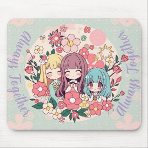Kawaii Trio – Cute Anime Girls & Floral Vibes Mouse Pad