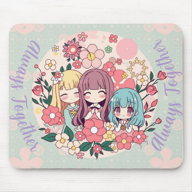 Kawaii Trio – Cute Anime Girls & Floral Vibes Mouse Pad (Front)