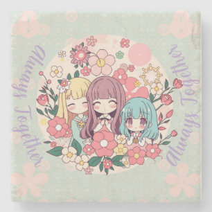 Kawaii Trio – Cute Anime Girls & Floral Vibes Stone Coaster