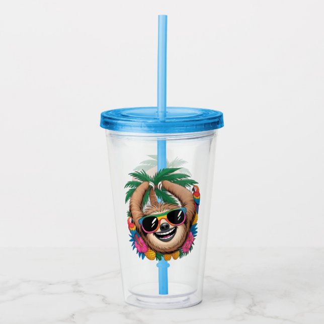 Kawaii Tropical Sloth – Cute Summer Vibes Rainbow  Acrylic Tumbler (Front)